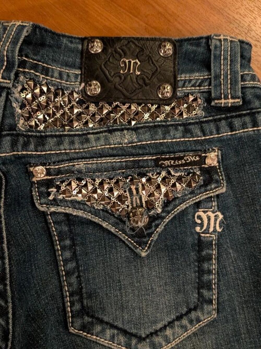 Miss Me Studded Sequined Flap Pocket Bootcut Jeans Size 30 Extra Long 35 Inseam